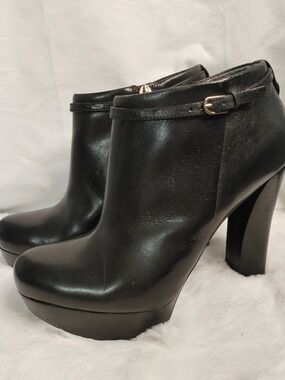 Guess Black Leather Platform Ankle Booties with Buckle Accent
